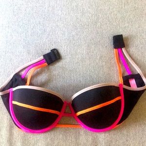Victorias Secret 36B Bikini Top Black with Neon Pink, Orange and Taupe Accent
